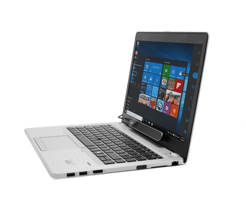 Side angled view of the Tobii Dynavox PCEye Mini eye tracker attached to a laptop