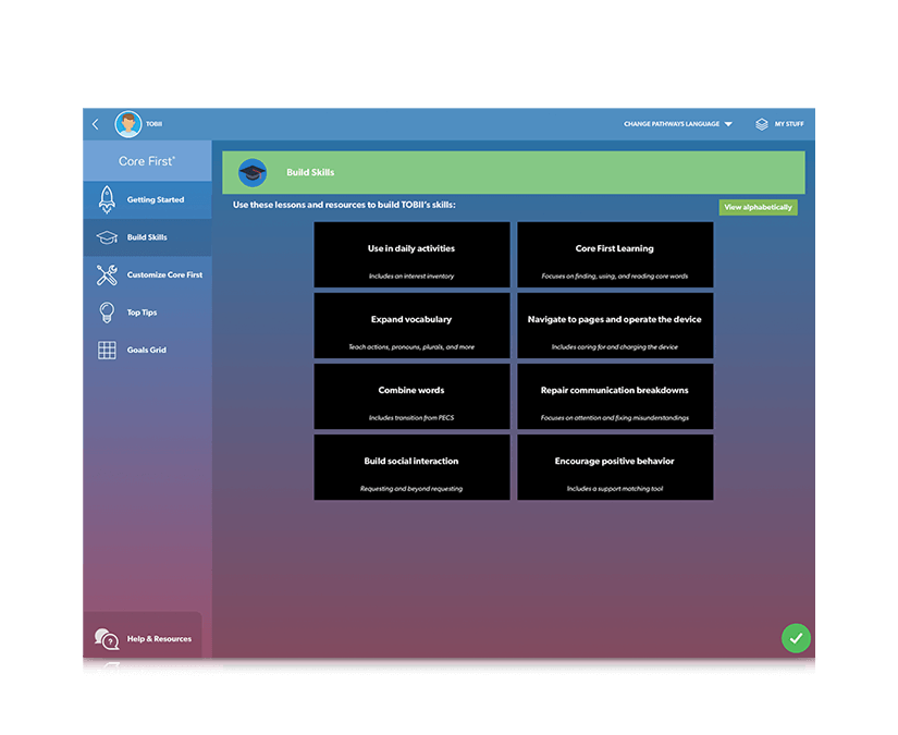 Tobii Dynavox Pathways for Core First skill building page