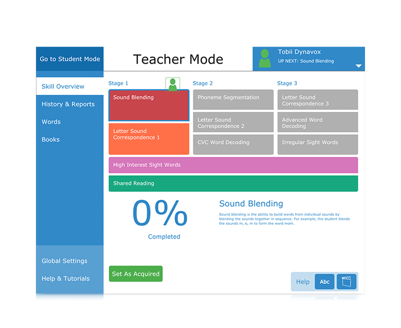 Tobii Dynavox Accessible Literacy Learning skills overview in teacher mode