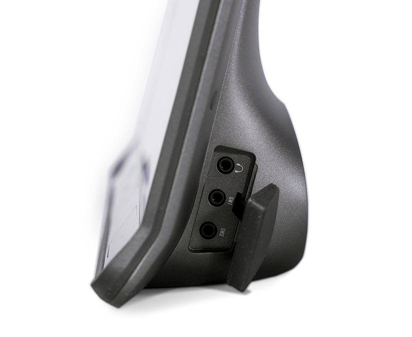 Tobii Dynavox TD I-Series AAC device featuring two switch ports and headphone jack with protective cover