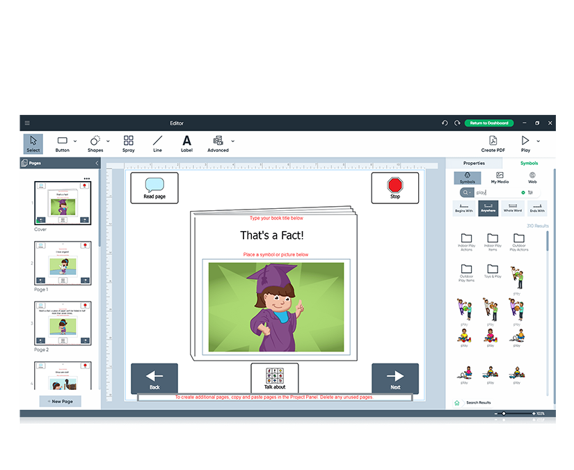 Digital storybook page titled “That’s a Fact!” with an illustration of a child in a graduation cap.