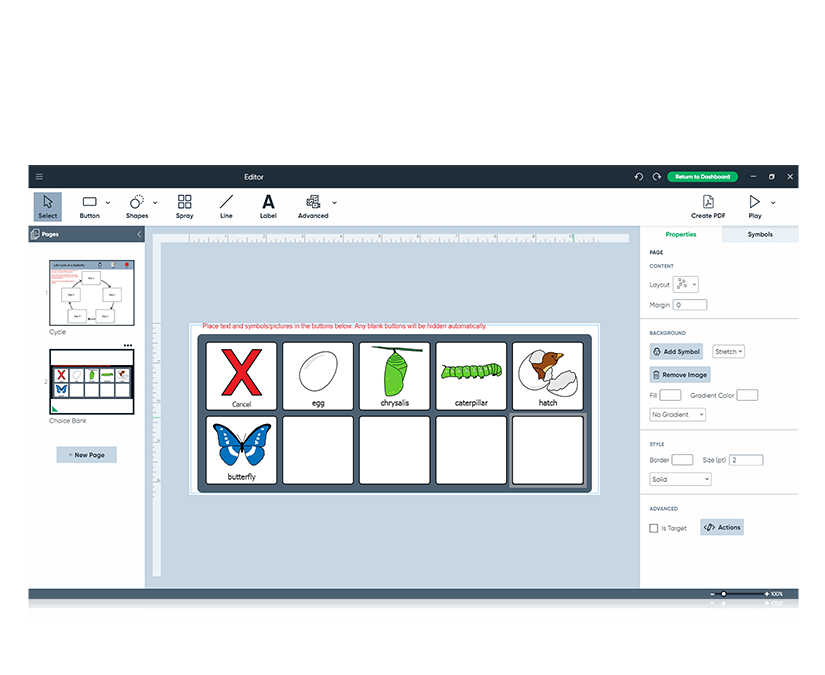Butterfly life cycle symbols including egg, chrysalis, caterpillar, hatching, and butterfly.